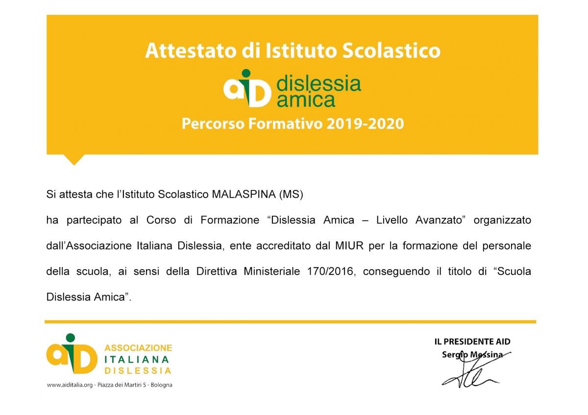 Attestato Dislessia Amica per l'A.S. 2019-2020